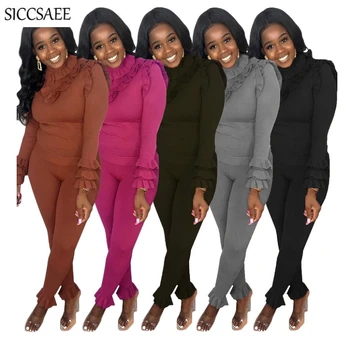 

Cascading Ruffles Two Piece Set Solid Color 2020 Knitted Tracksuit For Women Turtleneck Pullover Long Pants Clothing Sweat Suit