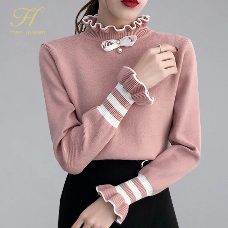 

H han queen Autumn 2019 Korean Fashion Bow Turtleneck Sweaters Pullover Women Loose Elasticity knitted Sweater Casual Clothes