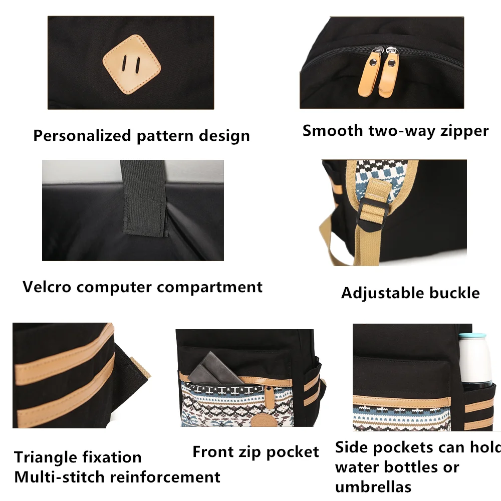 Холщовый Рюкзак в горошек для девочек подростков комплект из 3 предметов легкая