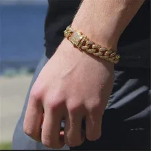 Хип-хоп Полный AAA кристалл проложить Bling Iced Out мужской браслет цвета: золотистый, серебристый цвет, кубинские звенья цепи браслеты для мужчин ювелирные изделия