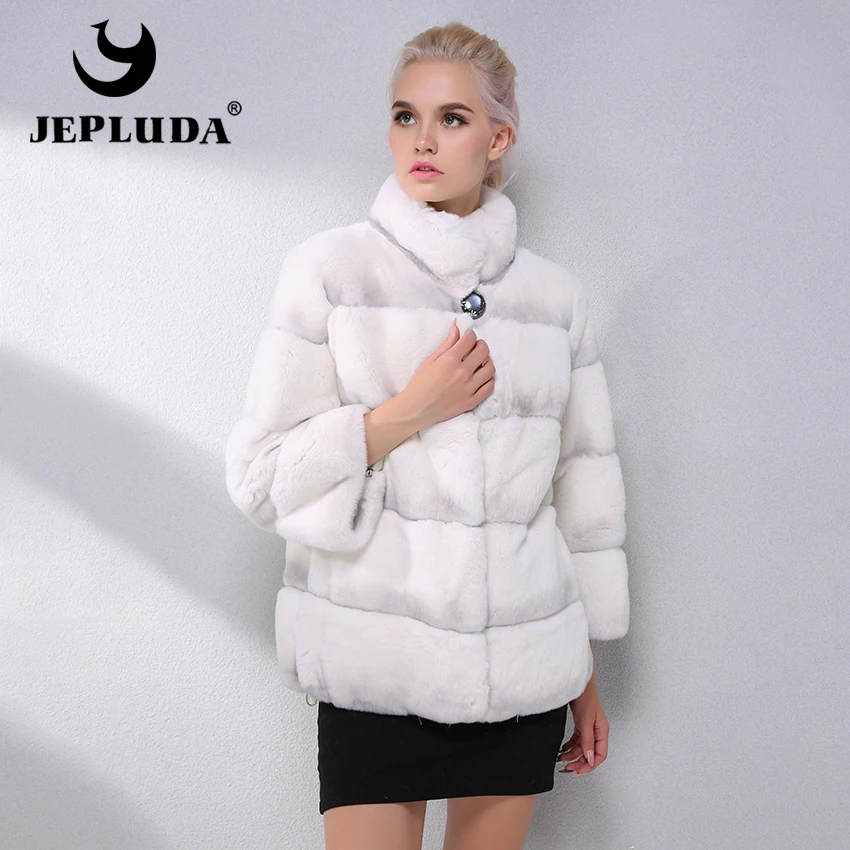 JEPLUDA Высококачественная шуба из кролика Рекс, женское теплое зимнее пальто с воротником "Мандарин", Женское пальто с натуральным мехом, повседневная короткая куртка из натурального меха