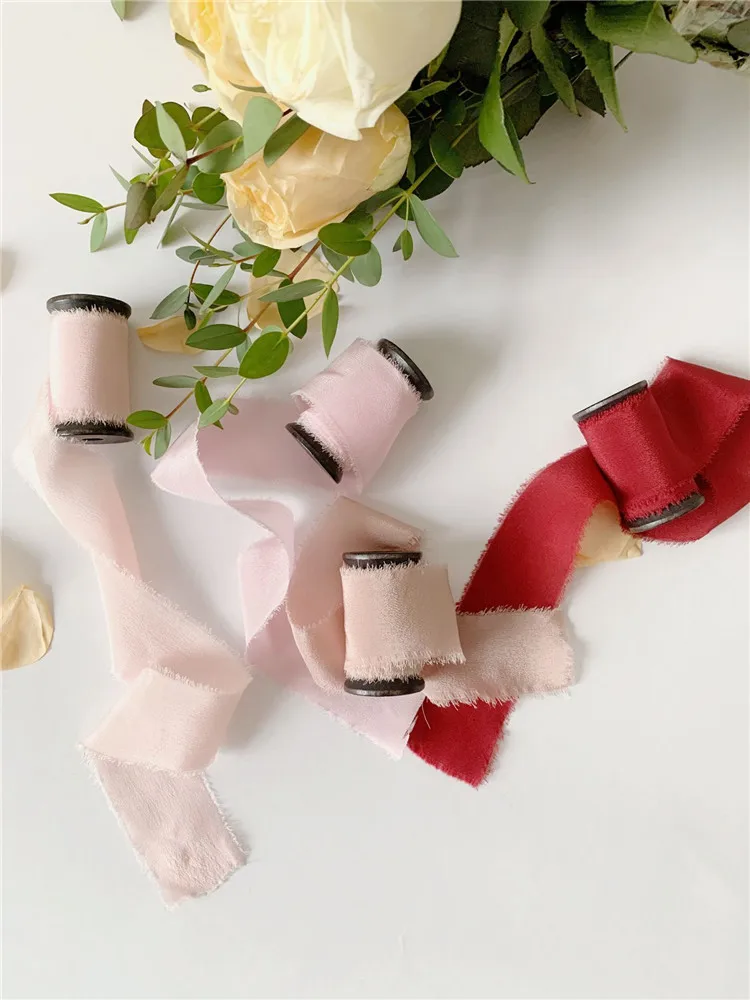 

ins style 4pcs Real 100% Pure Silk Frayed Edge Ribbon woodenspool wedding Party Bridal ribbon Invitations card ribbon