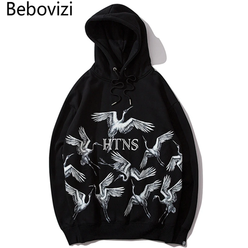 

Bebovizi Harajuku Crane Hoodie Sweatshirt Mens Hip Hop Black Pullover Fleece Hoodies Streetwear Casual Japan Clothes 2019 Cotton
