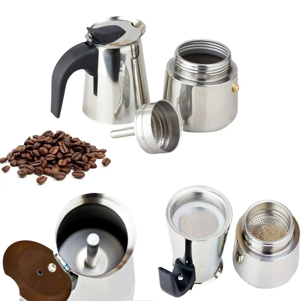 Лидер продаж, кофеварка для эспрессо, Moka, кофейник из нержавеющей стали, 304 латте, Перколятор с 2 чашками/100 миллилитрами, капучино, кофейник