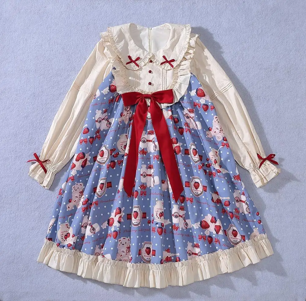 Only OP Dress Клубника молоко OP Лолита сладкий прекрасный кукла воротник Ложные две части платье Осень Зима с длинным рукавом Необычные Долли Платья для вечеринок - Цвет: Only OP Dress