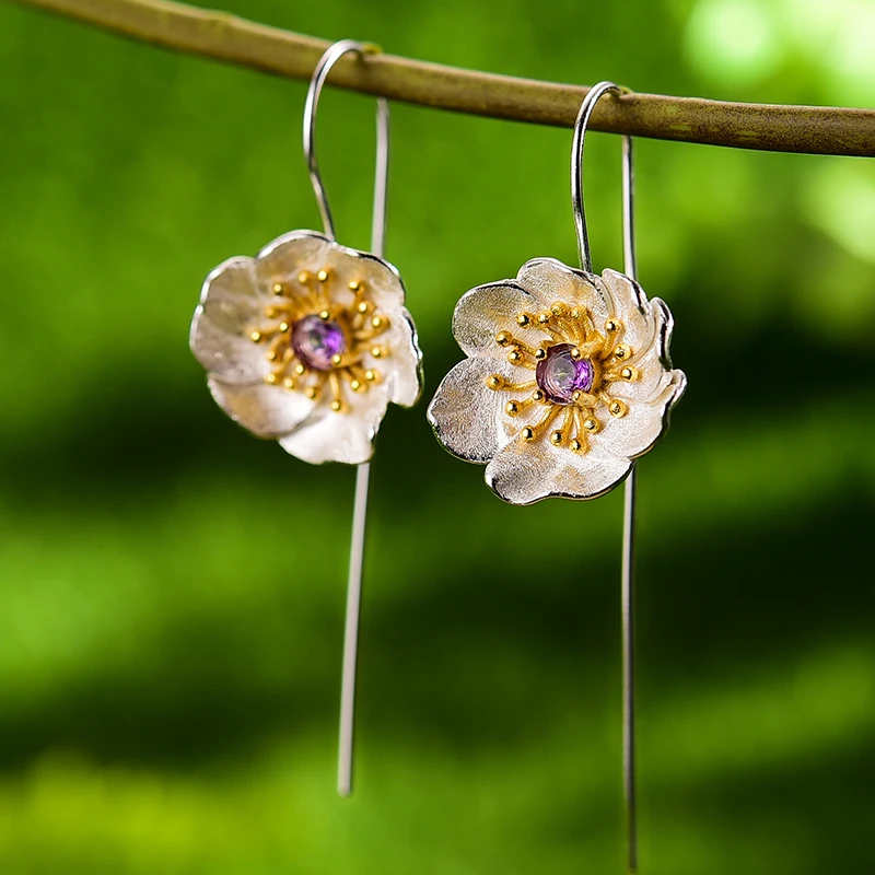 Lotus Fun Blooming Anemone Flower Dangle Earrings Real 925 Sterling Silver Handmade Designer Fine Jewelry Earrings for Women - Image 3
