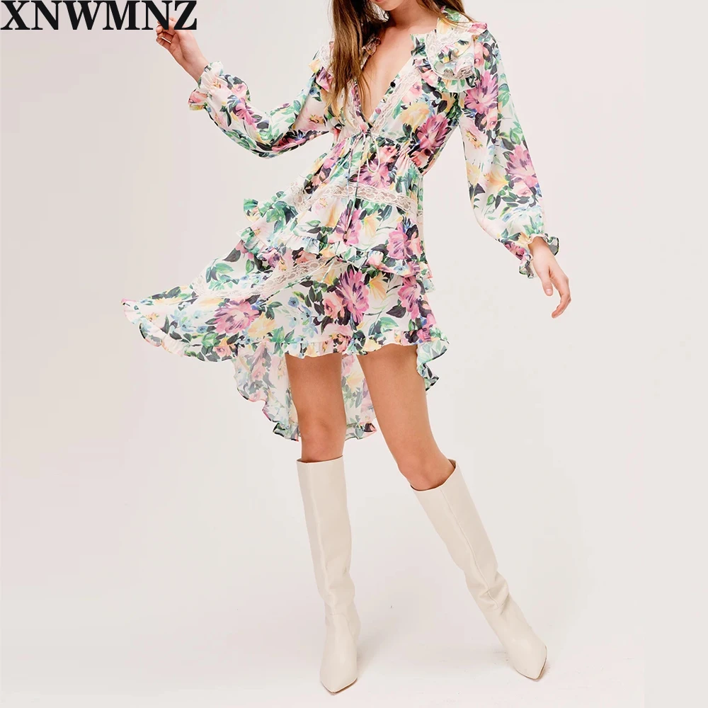 

XNWMNZ za Women 2020 Chic Fashion With Lace Floral Print Asymmetrical Mini Dress Vintage Long Sleeve Drawstring Female Dresses