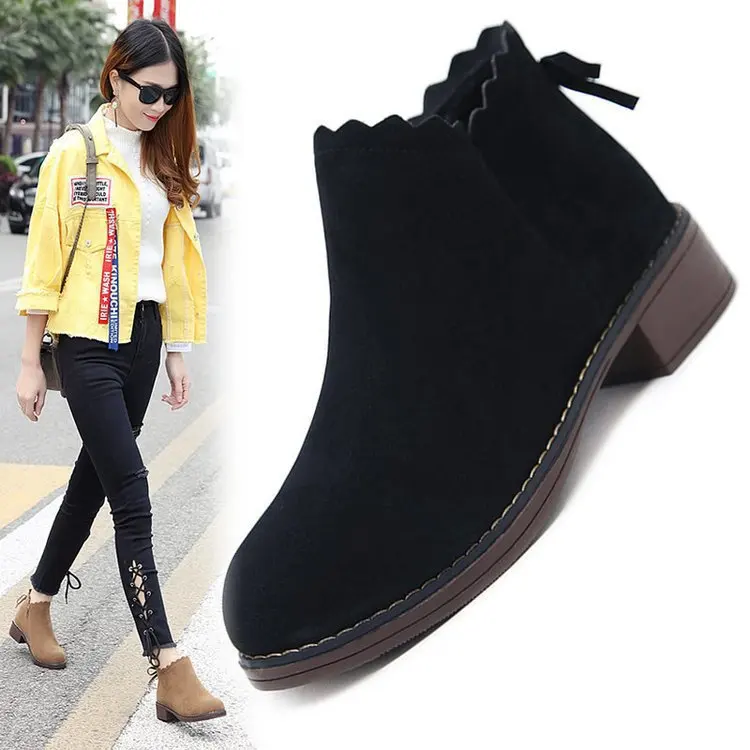 

2019 Martin Boots Women's Autumn New Style Versatile Chunky Heel Side Zipper WOMEN'S Shoes Retro Bow Ankle Boots Dull Polish Sin