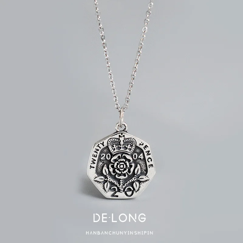

Retro Rose Coin Necklace S925 Fine Silver Cool Women's Crown Figure Choker Accessories