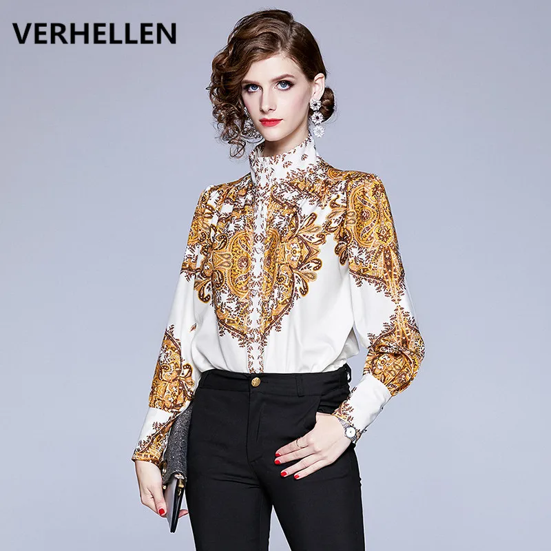 

VERHELLEN High Quality Fashion Runway Shirts 2019 Autumn Women's Lantern Sleeve Paisley Print Elegant Blouse Shirt For Women