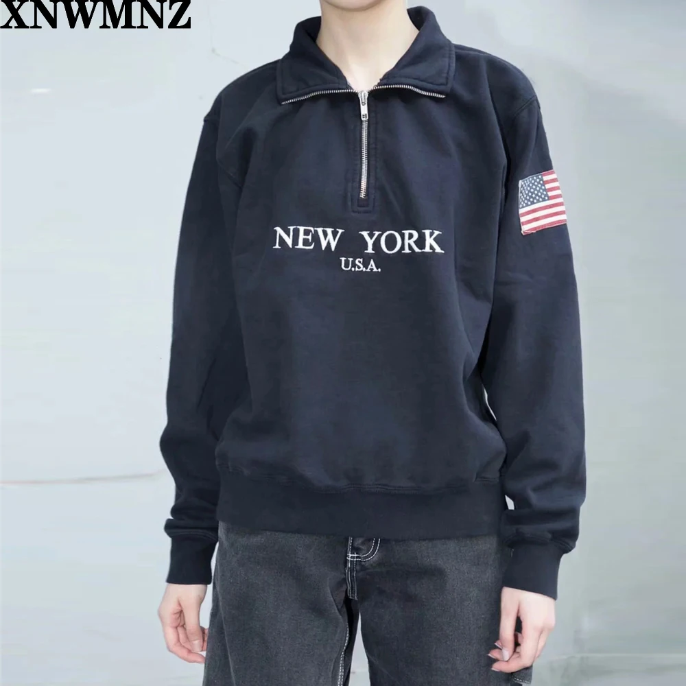 

XNWMNZ Za Women Partial Zip Fastening Letters Print Front Sweatshirt In Navy Flag Printed Sleeve Pullover