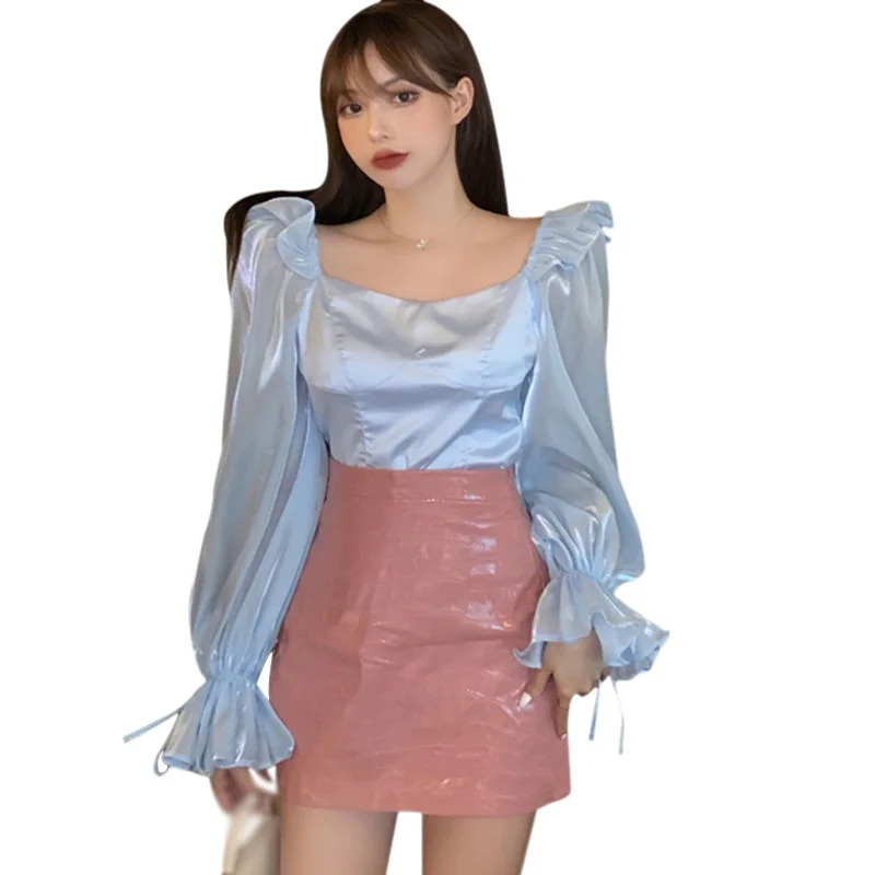 

Блузка женская однотонная с квадратным вырезом, милые пикантные рубашки с длинным рукавом-фонариком и открытым пупком, весна