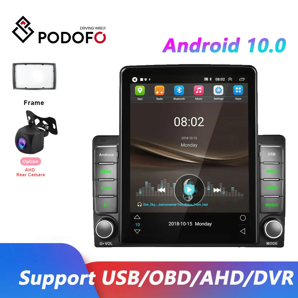 podofo Android Double Din Car Stereo with GPS Navigation/Bluetooth/AHD Backup Camera,9.5'' HD 1080P Vertical Touchscreen Car Radio Support WiFi FM/RDS Android/iOS Mirror Link and Three USB Input 