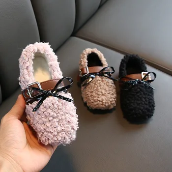 

2019 New Winter Kids Fur Shoes Baby Girls Warm Flats Children Princess Shoes Toddler Brand Black Loafer