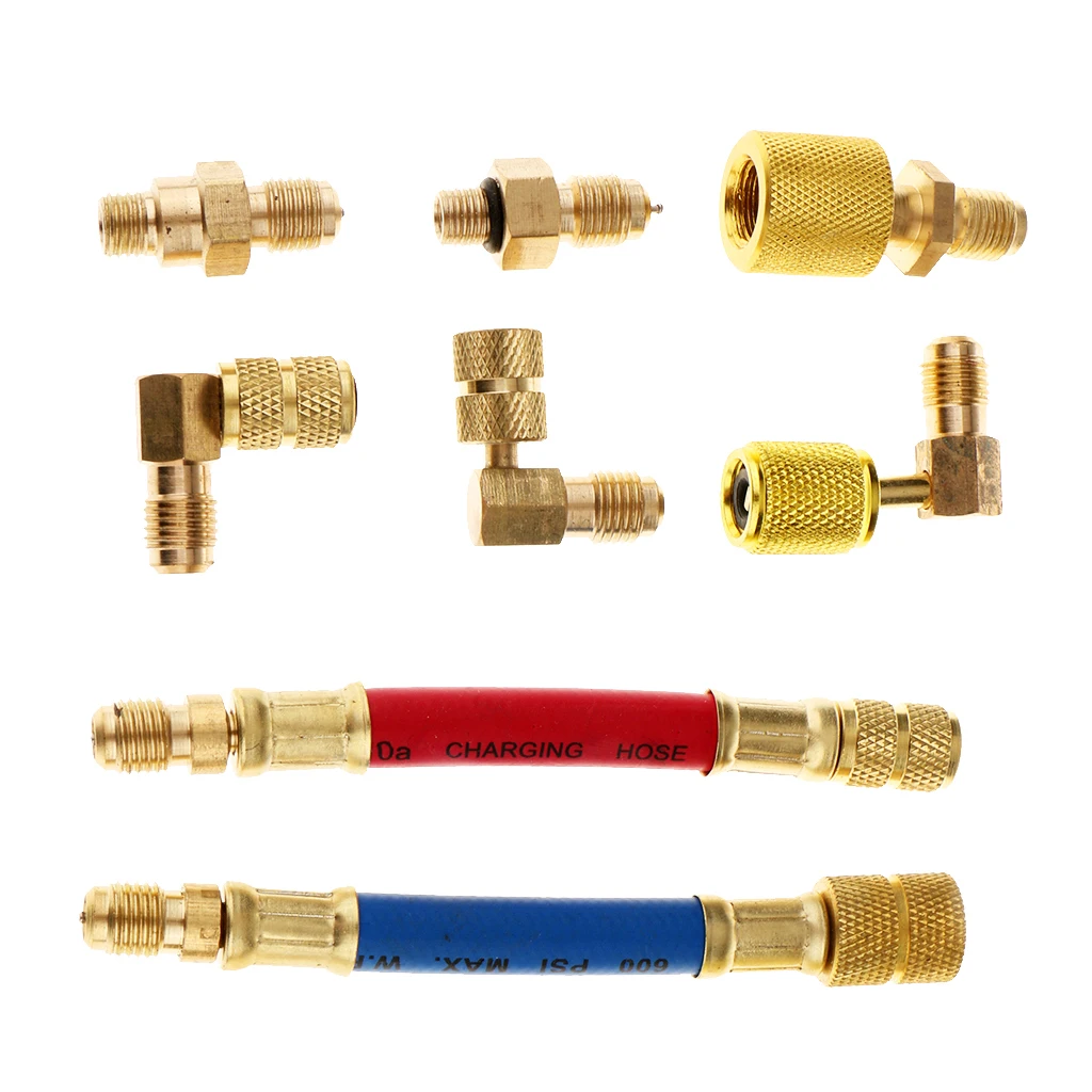 8 Pcs Car Air Conditioner Refrigeration Quick Connectors Port Adapters Couplers High Low AC Adapter Hose Kit