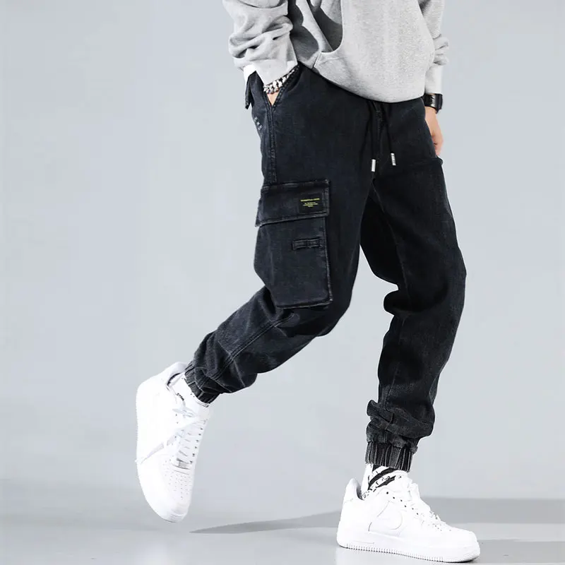 Seller Japanese Fashion Men Jeans Black Gray Loose Fit Multi Pockets Cargo Pants Harem Trousers Streetwear Hip Hop Jeans Men Joggers