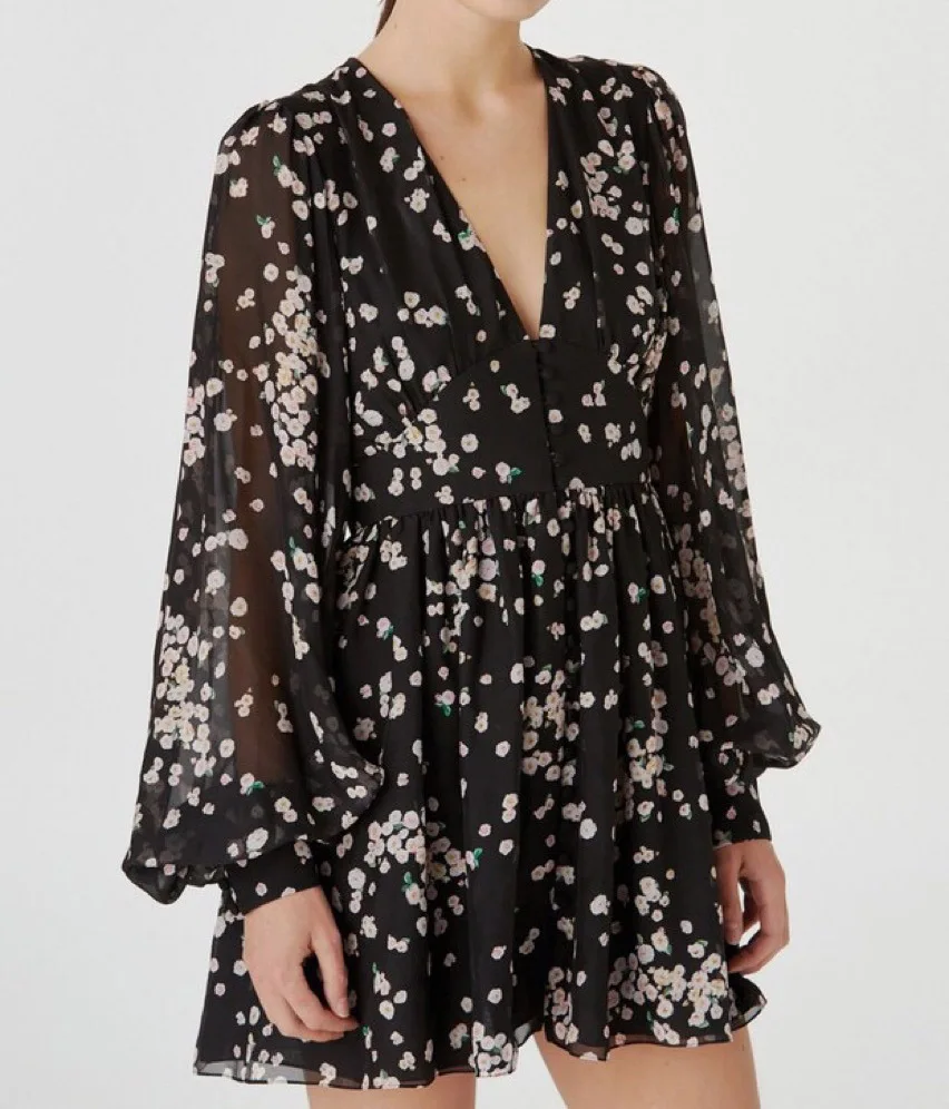 

Bopstyle Ladies Silk 100% V Neck Floral Print Short Dress With Long Sleeve