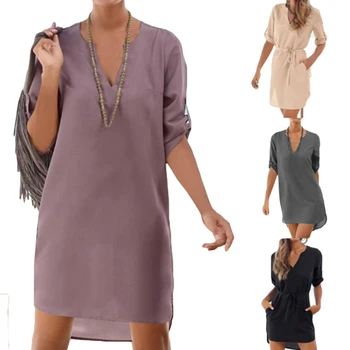 

2020 Women Beach Dress Short Tunic Shirts Dress Vestidos Solid V Neck Sundress Vintage Pockets Loose Chiffon Party Dress Cover
