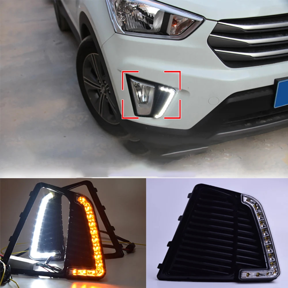 AOSHIKE 2 шт. DRL Дневной ходовой светильник для hyundai Crete IX25 светодиодный противотуманная накладка DRL лампа с желтым вращающимся сигналом