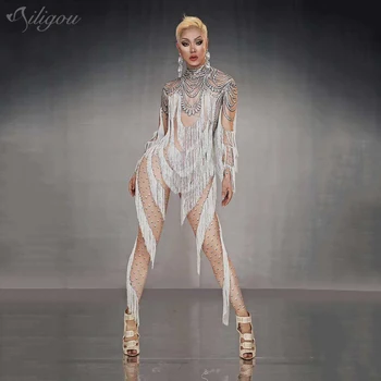 

Ailigou Print Fake Rhinestone White Fringed Long Sleeve Jumpsuit Female Dancer Spandex Sexy Singer Prom Performance Costume