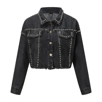 

2020 New Rivet Denim Jacket Women Short Coat Gothic Jeans Jackets Oversize Spring Outwear Punk Fashion Streetwear Casual Coats