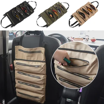 

Hot Multi Pockets Hanging Roll Up With Strap Car Back Seat Large Capacity Storage Bag Foldable Zipper Closure Interior Auto Canv