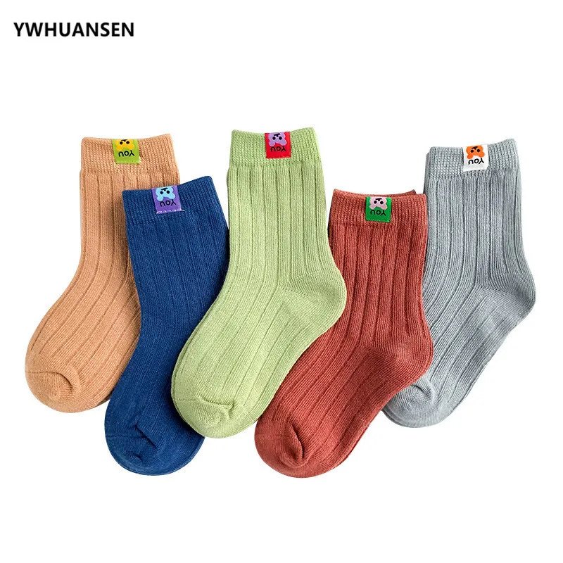 YWHUANSEN/5 пар/лот, хлопковые детские носки для мальчиков от 1 до 11 лет осенне-зимние полосатые носки с вышивкой для маленьких девочек