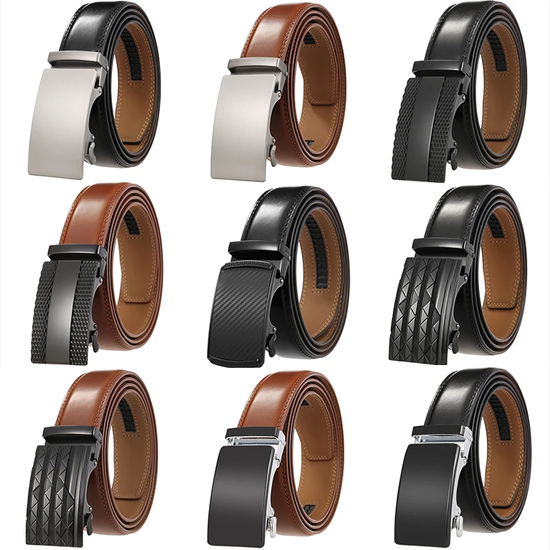 Second Layer Cow Leather Belt For Men Business Metal Automatic Buckle Ratchet 3.5cm Width leather belt,mens belt,waist belt,toothless automatic buckle belt