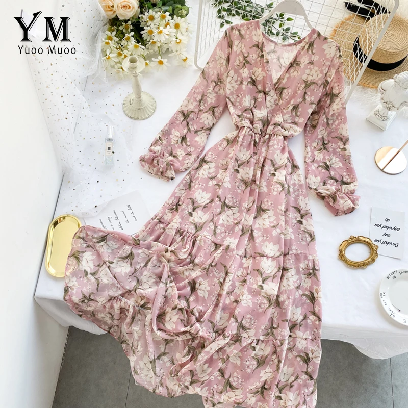 

YuooMuoo Ins Fashion Vacation Long Dress Women Romantic Pink Flower Print Chiffon Dress Tunic V Neck Elegant Bohemian Maxi Dress