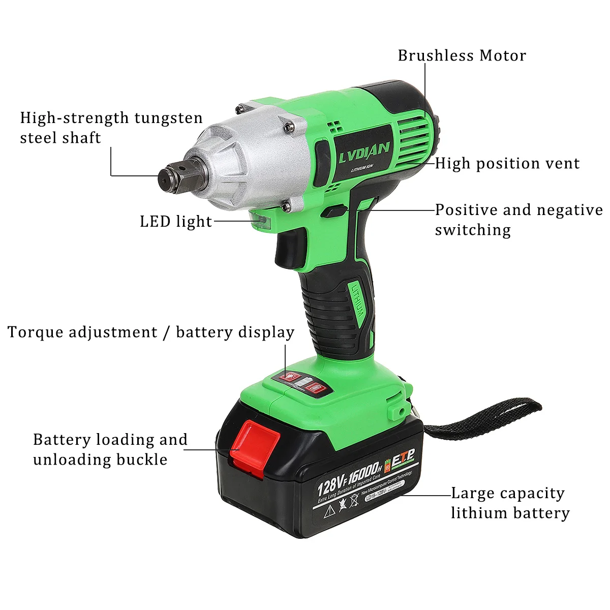 DOERSUPP Cordless Impact Wrench 128VF Electric Wrench 1/2" Brushless Cordless Impact with 16000mah Battery 110/220V Power Tools