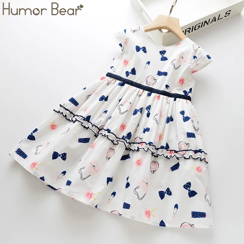 

Humor Bear Summer New Girls Dress Bow Print Girls Round Neck Flying Sleeves Lace Dress Cute Casual Princess Dress Baby Clothing