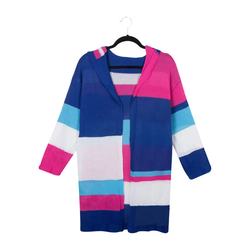 Multicolored Panelled Stripes Women Knitted Sweaters Hooded Long Sleeves Loose Long Knitting Cardigan Coats Girls Casual Sweater