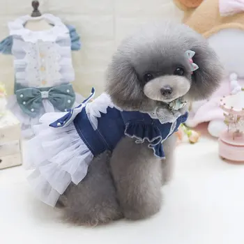 

Cute British Style Jeans Dress Pet Dog Dress Bow Tie Small Dog Clothes Puppy Clothes Yorkie Puppy Skirt Clothing S-XXL