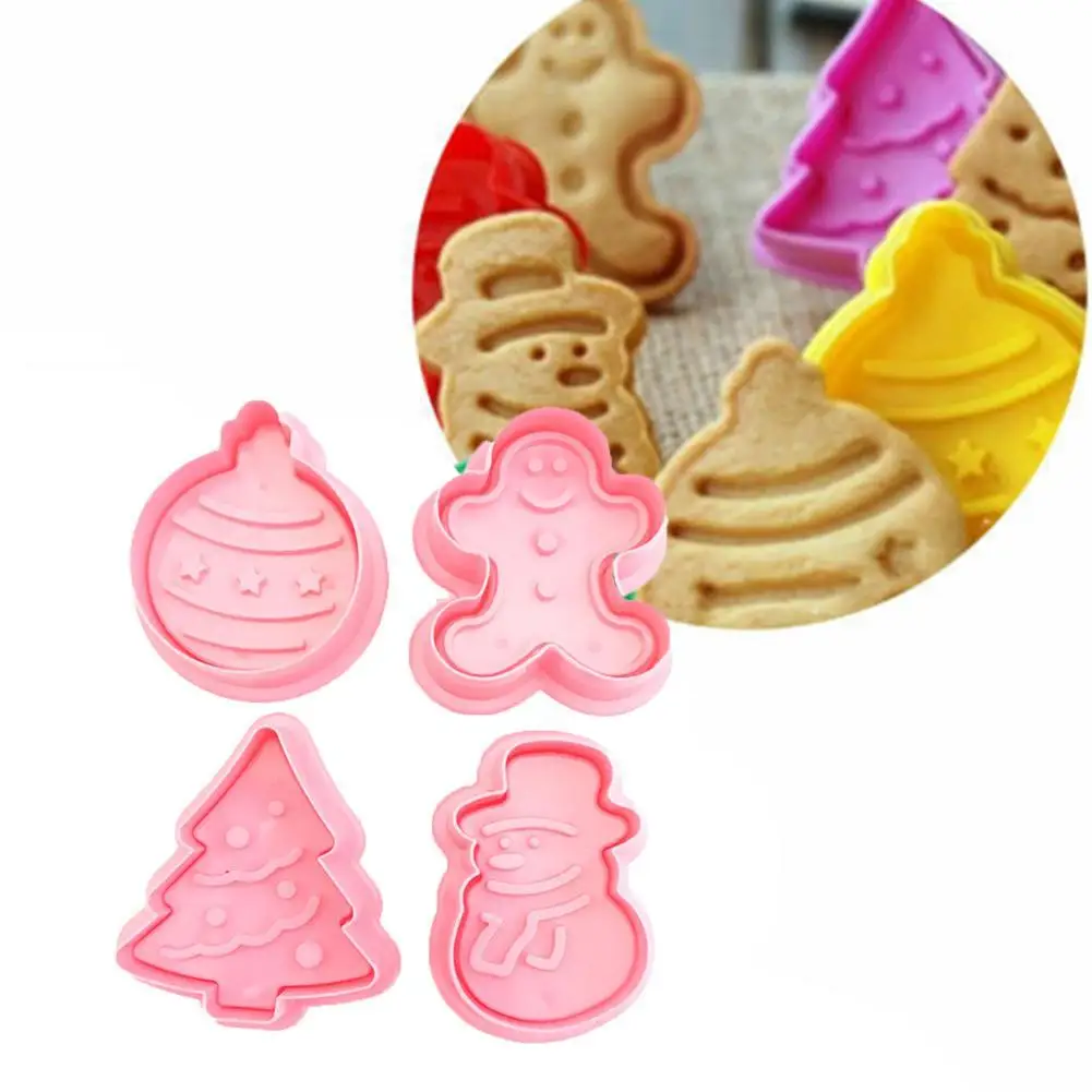 

4pcs/set Christmas Cookie Cutters Stamp Mold Plastic 3D Cake Biscuit Plunger Mould DIY Pastry Baking Tools Biscuit Cutters