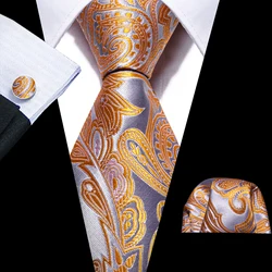 Fashion OrangePaisley Mens Wedding Tie 8.5cm Silk Neckties Business Handkerchief Cufflink Tie Men Gift Set Barry.Wang FA-5409