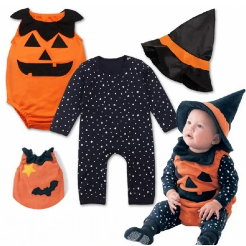 Children's Halloween Costume Boys Performance Clothes Long Sleeve Ruffle Romper Pumpkin Jumpsuit Hat 3 Pieces Baby Set |
