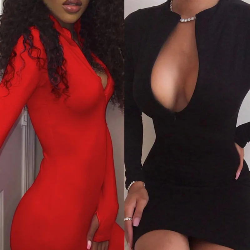 

Sexy Deep V Neck Zipper Bodycon Mini Dress Casual Women Autumn Winter Slim High Waist Stretchy Dresses Fall Black Red Dress 2019