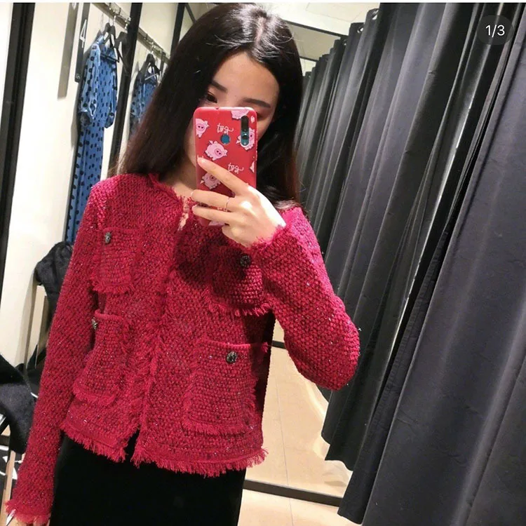 

Wf35 19 Spring New Style Debutante Graceful Tweed Cropped Jacket Women's Crew Neck Flash Red Suit