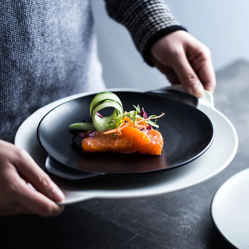 

Binaural round flat Nordic style frosted simple ceramic tableware restaurant dining table dishes and plates sets dinner plates