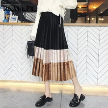 REALEFT осень зима женские винтажные Цветные Лоскутные Бархатные длинные плиссированные юбки с высокой талией Harajuku тюлевые трапециевидные юбки женские