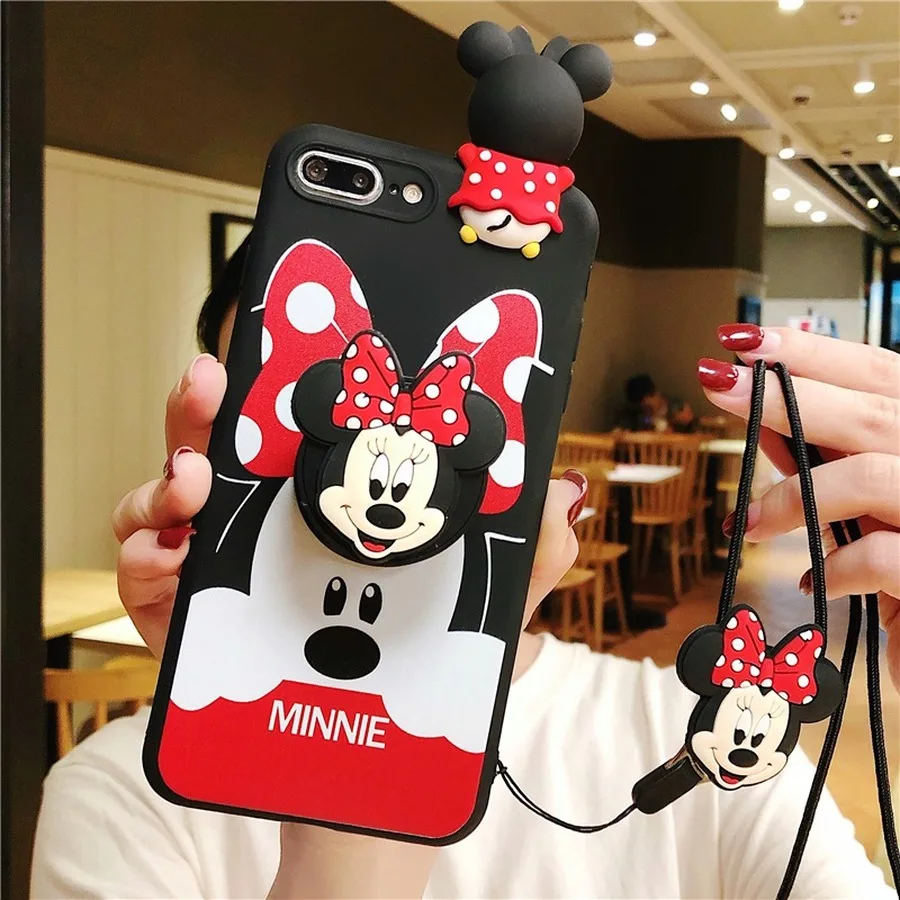 

For Samsung Galaxy A6 A8 Plus A7 A9 2018 J4 A10 A20 A30 A40 A50 A60 A70 Case Cartoon Minnie Mickey Doll Holder Case with Lanyard