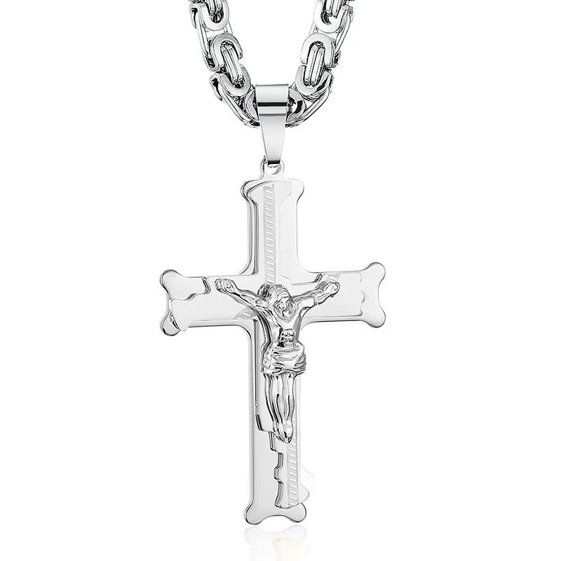 Crucifixion Catholic Cross Pedant Necklace Thick Stainless Steel Necklaces Long Personalized Catholic Neckless Men Jewelry Gift - Окраска металла: silver