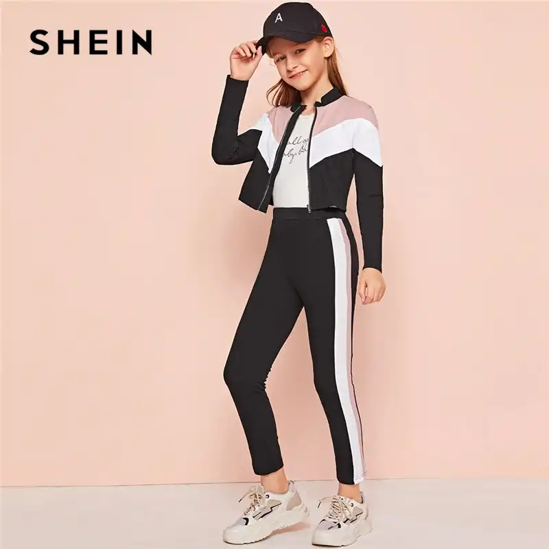 Shein Kiddie Colorblock Girls Stand Collar Jacket And Leggings