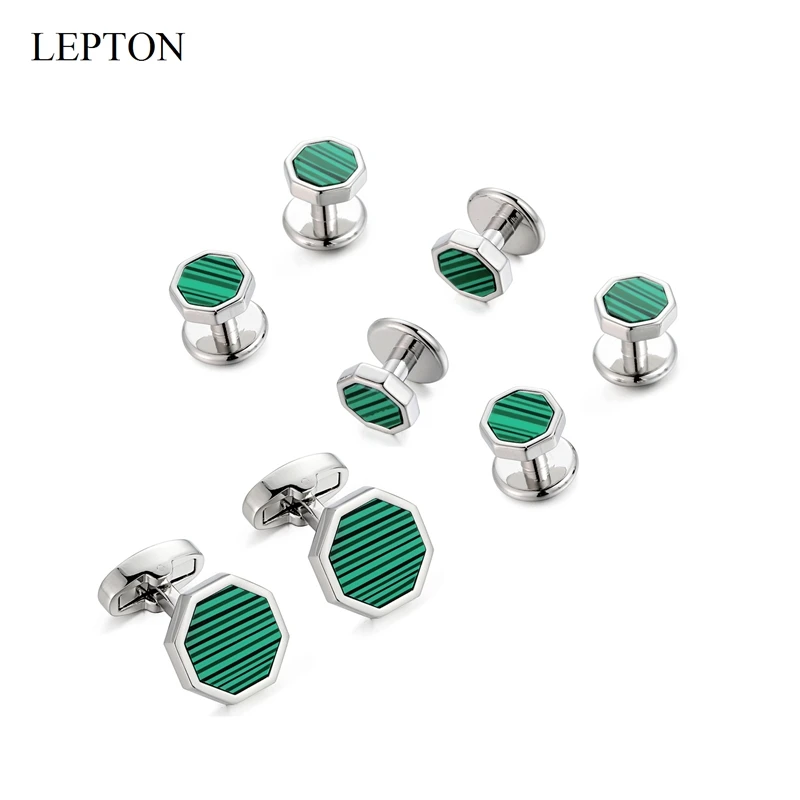 

Low-key Luxury Malachite Cufflinks Tuxedo Studs Sets Lepton Octagonal Stone Cufflink Collar Studs Cuff Links For Mens Gifts