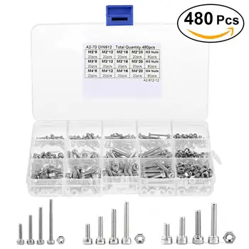 

480pc/set M2 M3 M4 304 Stainless Steel Hex Socket Head Cap Screws Nut Set W/ Box Hot parafuso