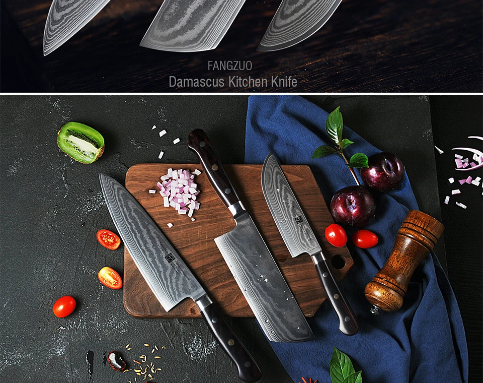 FANGZUO, " 6,5" ", Набор японских поварских ножей, 3 шт., дамасский VG10, набор кухонных ножей из стали, Кливер для очистки овощей, Santoku, нож для нарезки