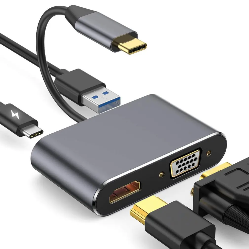 Премиум USB C к VGA HDMI адаптер USB C к HDMI 4K VGA 1080P портативный домашний 4 в 1 Тип C к HDMI VGA адаптер