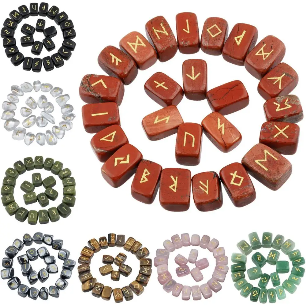 

SUNYIK 1Lot (24Pc) Rune Stones Set Healing Reiki Tumbled Stones Engraved Lettering Crystal Set Wicca Crystals