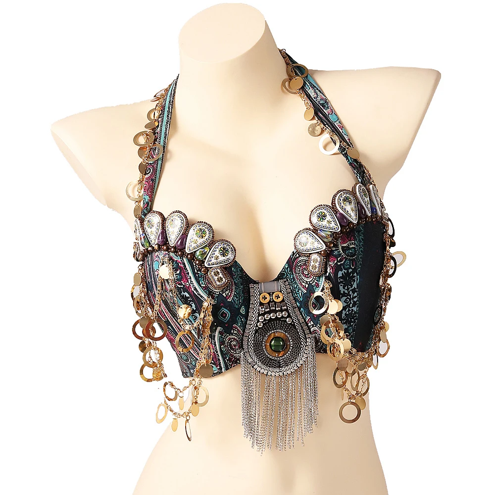 

Tribal Bellydance Clothing Coin Antique Gold Metallic Chain Tassels C/D CUP Vintage Gypsy Belly Dance Coins Bra