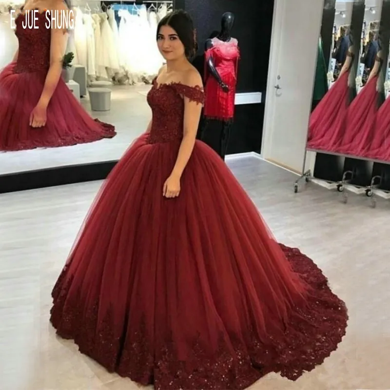 E JUE SHUNG Dubai Wedding Dresses Off Shoulder Elegant Burgundy Bridal Gowns Lace Appliques Beaded Ball Gown vestido de noiva | Свадьбы и